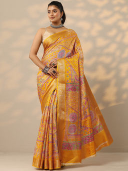 Libas - Mustard Printed Silk Blend Saree with Unstitched Blouse