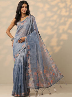 Libas - Blue Embellished Nylon Saree with Unstitched Blouse