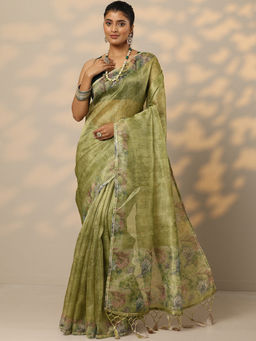 Libas - Green Embellished Nylon Saree with Unstitched Blouse