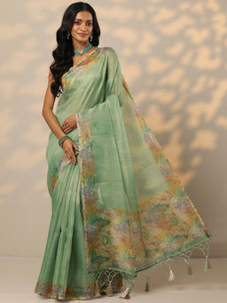Libas - Green Embellished Nylon Saree with Unstitched Blouse