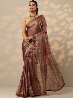 Libas - Rust Floral Printed Organza Saree with Unstitched Blouse