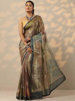 Libas - Beige Floral Printed Organza Saree with Unstitched Blouse