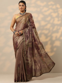 Libas - Mauve Floral Printed Organza Saree with Unstitched Blouse