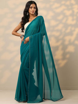 Libas - Teal Solid Georgette Saree with Unstitched Blouse