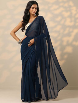 Libas - Navy Blue Solid Georgette Saree with Unstitched Blouse