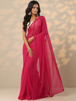 Libas - Pink Solid Georgette Saree with Unstitched Blouse