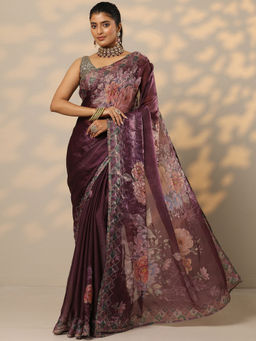 Libas - Burgundy Printed Organza Saree with Unstitched Blouse