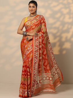 Libas - Orange Printed Georgette Saree with Unstitched Blouse