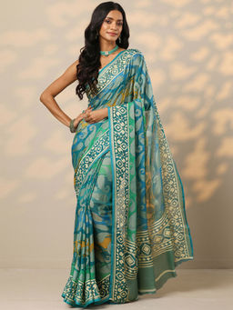 Libas - Blue Printed Georgette Saree with Unstitched Blouse