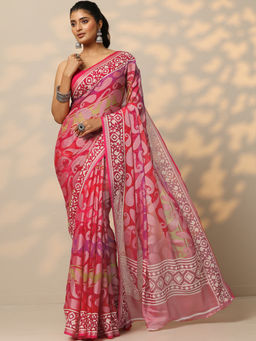Libas - Pink Printed Georgette Saree with Unstitched Blouse