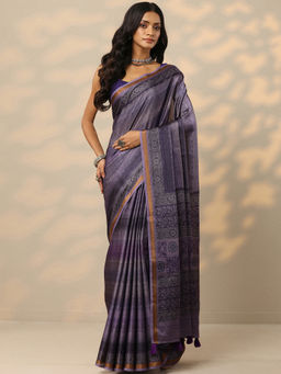 Libas - Purple Printed Silk Blend Saree with Unstitched Blouse