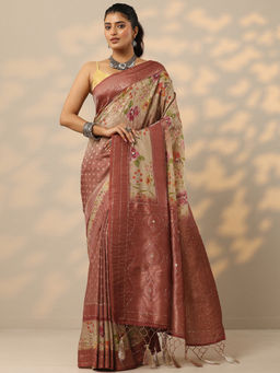 Libas - Brown Floral Printed Silk Blend Saree with Unstitched Blouse