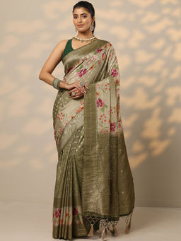 Libas - Olive Floral Printed Silk Blend Saree with Unstitched Blouse