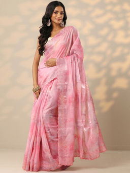 Libas - Pink Embroidered Organza Saree with Unstitched Blouse