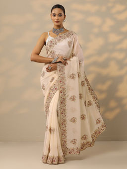 Libas - Cream Zari Sequins Work Saree with Unstitched Blouse