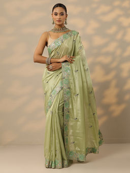 Libas - Green Zari Sequins Work Saree with Unstitched Blouse