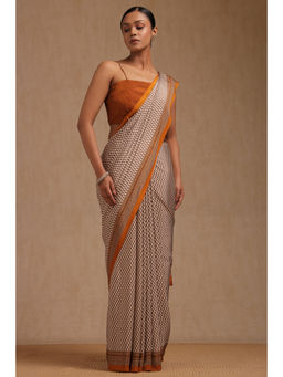 Soch - Womens Cream Crepe Floral Print Saree with Unstitched Blouse