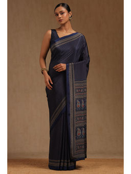 Soch - Womens Navy Blue Crepe Floral Print Saree with Unstitched Blouse
