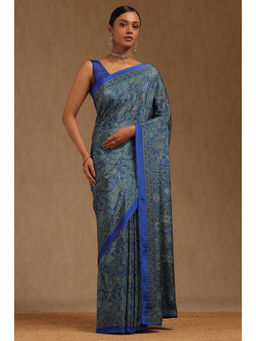 Soch - Womens Blue Crepe Paisley Print Saree with Unstitched Blouse
