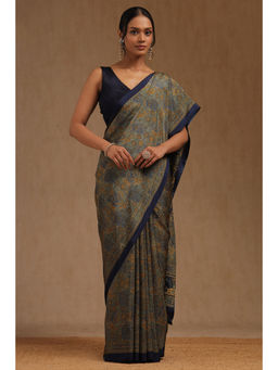 Soch - Womens Navy Blue Crepe Floral Print Saree with Unstitched Blouse