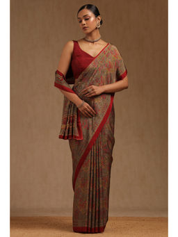 Soch - Womens Maroon Crepe Floral Print Saree with Unstitched Blouse