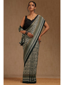 Soch - Womens Beige Crepe Botanical Print Saree with Unstitched Blouse