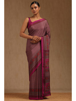 Soch - Womens Pink Crepe Floral Print Saree with Unstitched Blouse