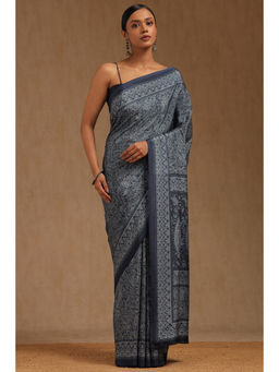 Soch - Womens Navy Blue Crepe Ethnic Motifs Saree with Unstitched Blouse