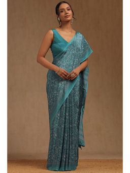 Soch - Womens Turquoise Blue Crepe Paisley Print Saree with Unstitched Blouse