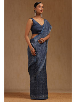 Soch - Womens Blue Crepe Ethnic Motifs Saree with Unstitched Blouse