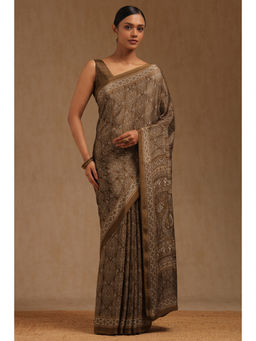 Soch - Womens Earth Brown Crepe Ethnic Motifs Saree with Unstitched Blouse