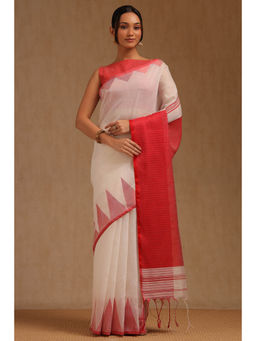 Soch - Womens White Cotton Woven Design Saree with Unstitched Blouse