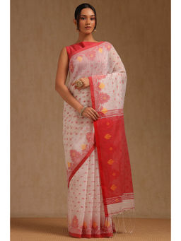Soch - Womens White Cotton Woven Design Saree with Unstitched Blouse