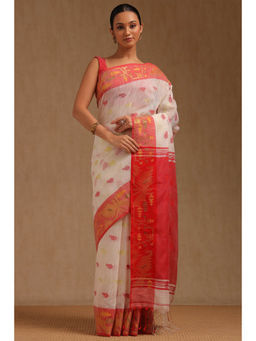 Soch - Womens White Cotton Woven Design Saree with Unstitched Blouse