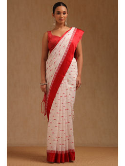 Soch - Womens White Cotton Woven Design Saree with Unstitched Blouse