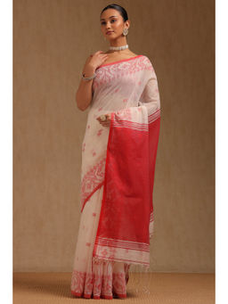 Soch - Womens White Cotton Woven Design Saree with Unstitched Blouse
