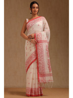 Soch - Womens White Cotton Woven Design Saree with Unstitched Blouse