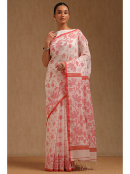 Soch - Womens White Cotton Woven Design Saree with Unstitched Blouse