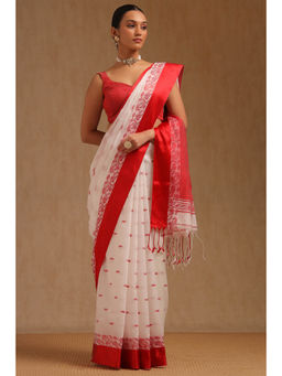 Soch - Womens White Cotton Woven Design Saree with Unstitched Blouse