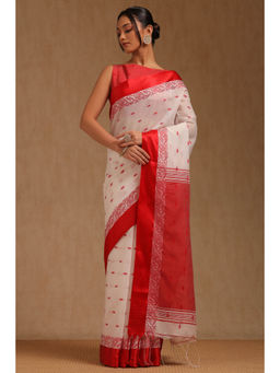Soch - Womens White Cotton Woven Design Saree with Unstitched Blouse