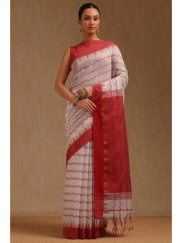 Soch - Womens White Cotton Woven Design Saree with Unstitched Blouse