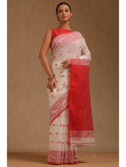 Soch - Womens White Cotton Woven Design Saree with Unstitched Blouse