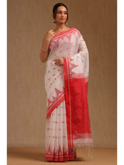 Soch - Womens White Cotton Woven Design Saree with Unstitched Blouse