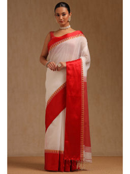 Soch - Womens White Cotton Woven Saree with Unstitched Blouse