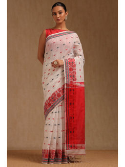 Soch - Womens White Cotton Woven Design Saree with Unstitched Blouse