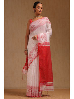 Soch - Womens White Cotton Woven Design Saree with Unstitched Blouse