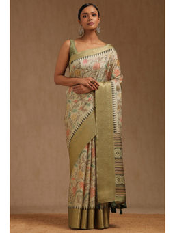 Soch - Womens Light Olive Tussar Floral Print Saree with Unstitched Blouse