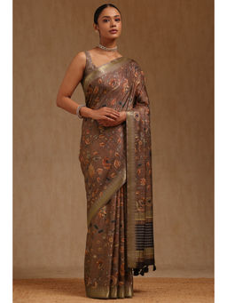Soch - Womens Light Grey Tussar Floral Print Saree with Unstitched Blouse