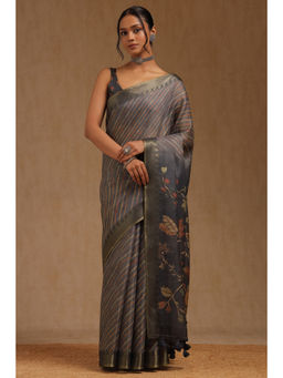 Soch - Womens Grey Linen Leheriya Print Saree with Unstitched Blouse