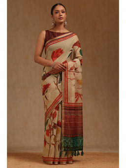 Soch - Womens Beige Linen Blend Botanical Print Saree with Unstitched Blouse